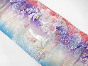 尾長鳥に花・蝶模様織り出し　袋帯